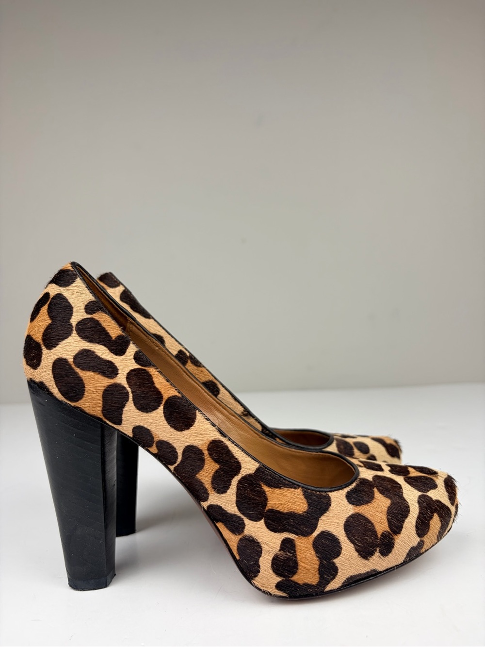 Elie Tahari Leopard Calf Hair Platform Pumps Block Heel EU 37‎ US 6.5-7